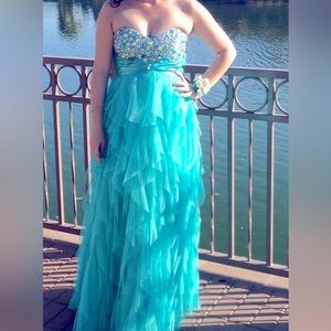 Aqua ruffle strapless prom dress